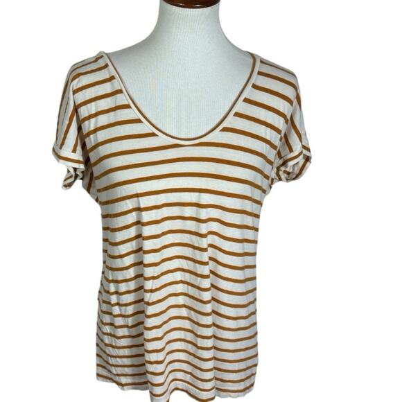 Tory Burch Soft Striped V Neck Brown and White Women's Tee Size L - Picture 1 of 7